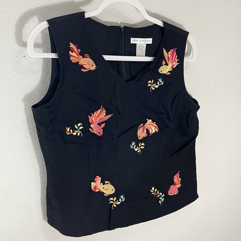 Annie Alexander Tank Top Womens Size 10 Linen Embroidered Fish Black Lined